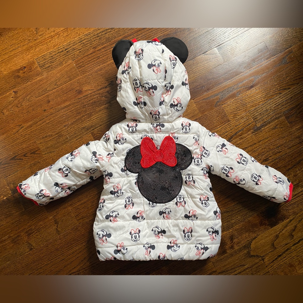 3T Disney MINNIE toddler hooded puffer jacket Minnie Mouse ears bow Sequins - Picture 8 of 16